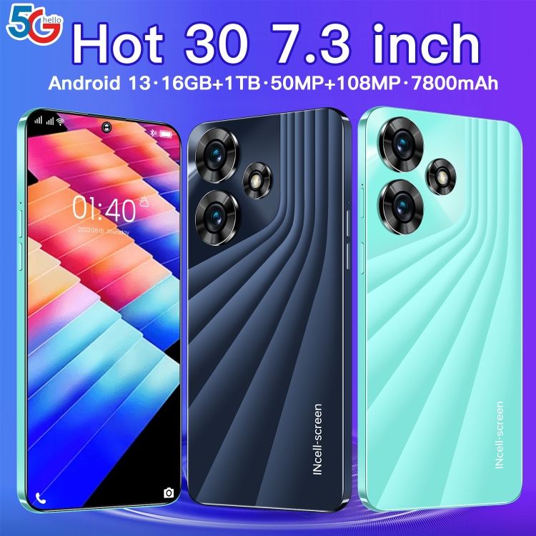 5G Hot 30 7.3inch high definition Large screen 4G Android 3+64G smartphone side fingerprint 16GB + 1TB front 50MP back 108MP 7800 mAh face unlock GPS navigation chat GPT OTG 2A fast charging CRRSHOP high-quality mobile phone