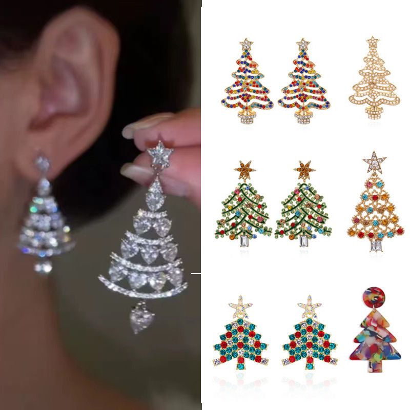 ER22Y1073 Exquisite Fashion Heart Zircon Christmas Earrings Xmas Christmas Tree Shiny Statement Party Wedding Stud Earring Jewelry