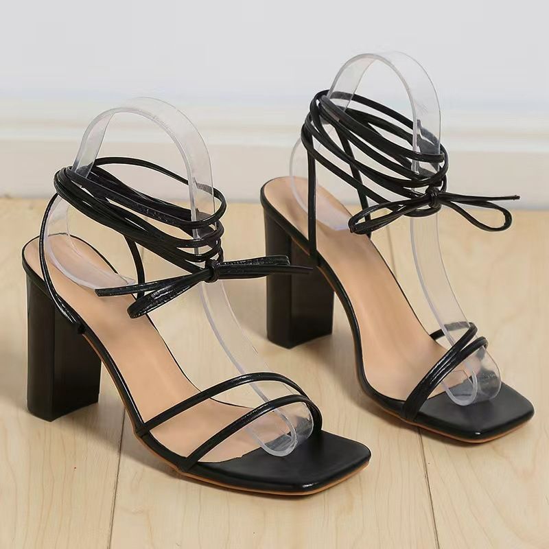 Sexy Square-Toe Ankle Strap High Heels, Chunky Heel High Heels, Cross Strap Sandals, Women's Sandals, Black, Size 37-41 