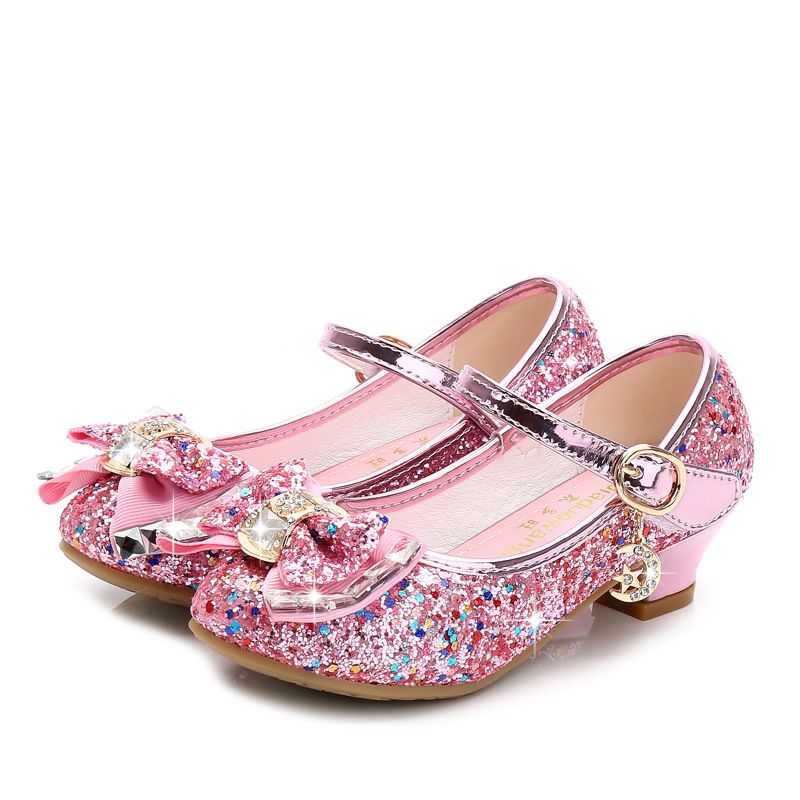 Dress Shoes Autumn New Girls' Small High-Heeled Leather Shoes Sparkling Shoe upper with Bow Decoration for Children's Dance Shoespink