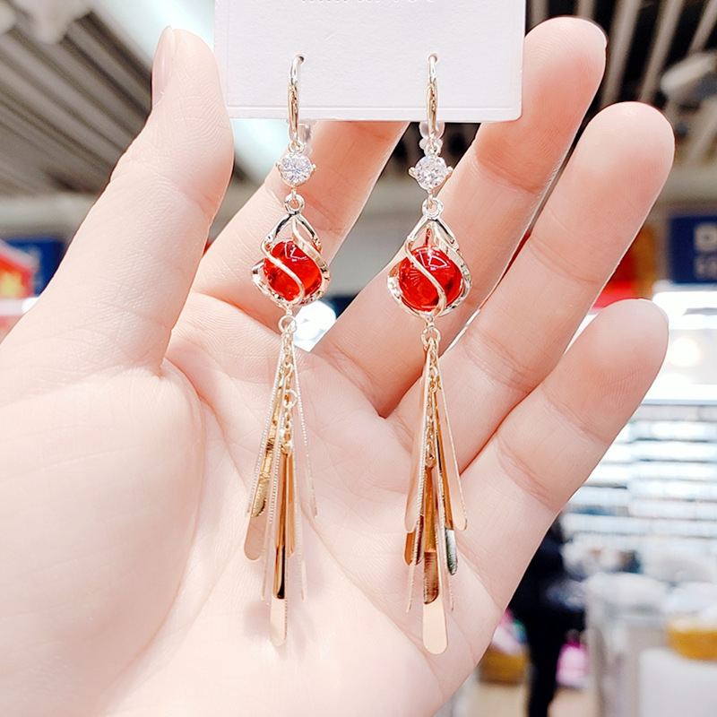 E1228 Women's New Fashion Red Opal Fringe Earrings Temperament Geometric Piece Earrings