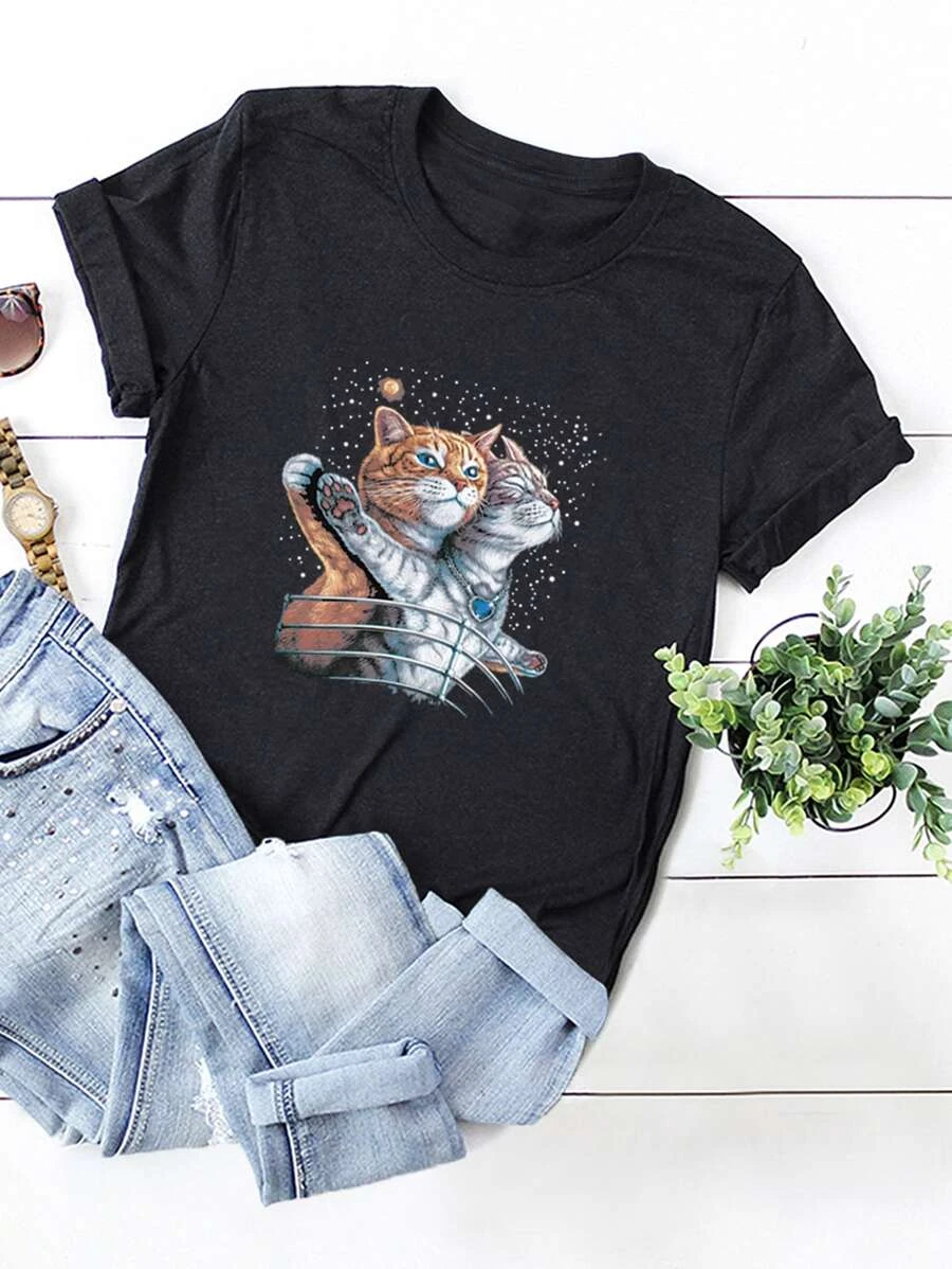 DX041# Women Cat Print Short Sleeve Tee T-Shirt