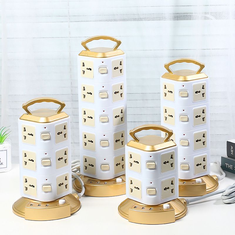UK Standard Vertical Tower Power Strip 2-Pin Socket with USB Charging, Gold, 1.8m, British Standard Extension Lead
