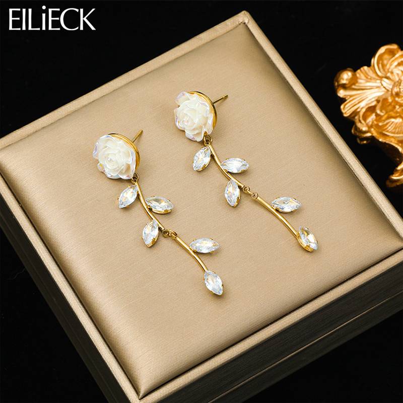 2B818 Stainless Steel Flower Zircon Crystal Charm Earrings For Women Fashion Ear Drop Jewelry Gift Party