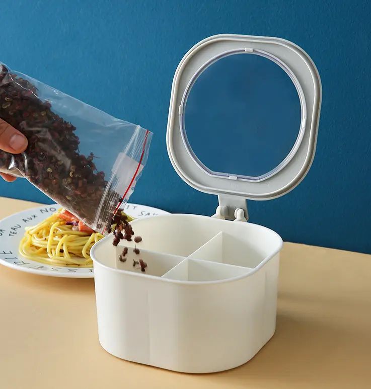 AUNONT Kitchen 4-Grid Integrated Seasoning Box with Spoon Lid Multi-Grid Storage Clearanced Seasoning Tank