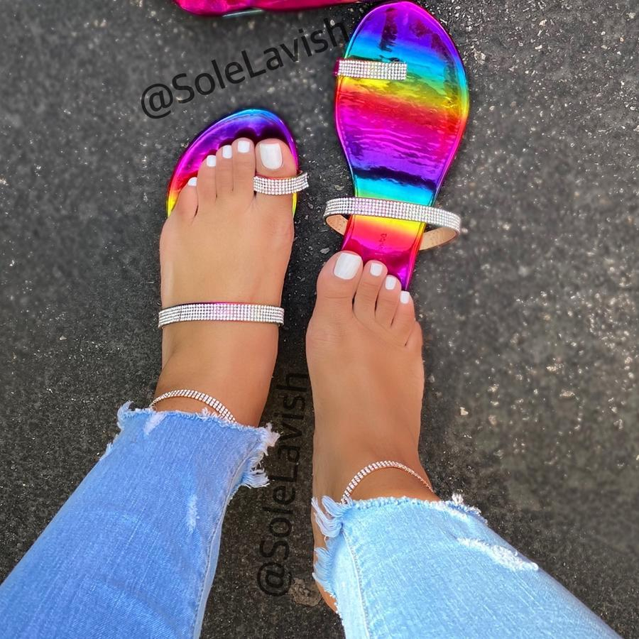 PL0049 Women's Glitter Shiny Slide Sandals Sparkle Fancy Flat Slippers Slip-on Thong Shoes