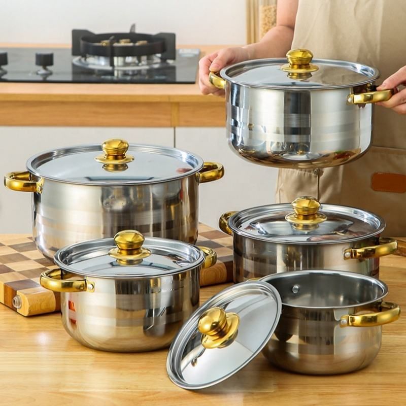 - 10-Piece Stainless Steel Pot Set with Gold Handle, 18-26cm Size, Double Ear Soup Pot, Complete Kitchen Cookware Set