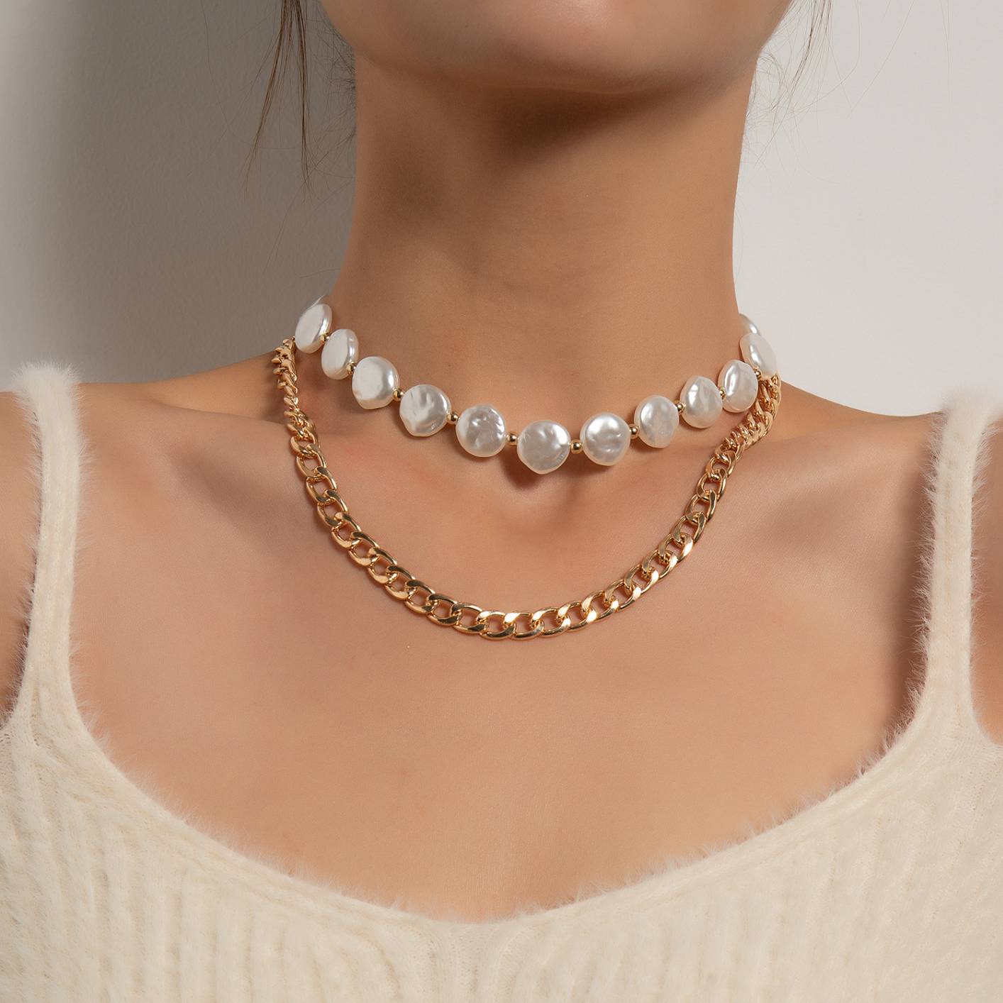 ZW1895 Women's Fashion Multi-Layer Geometric Necklace Alloy Thick Chain Collarbone Chain