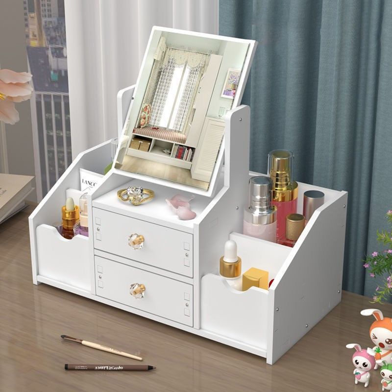 Home Decoration Countertop Makeup Table with 360 Mirror, 4 Compartments, 2 Drawers, and Mini Dressing Table Box