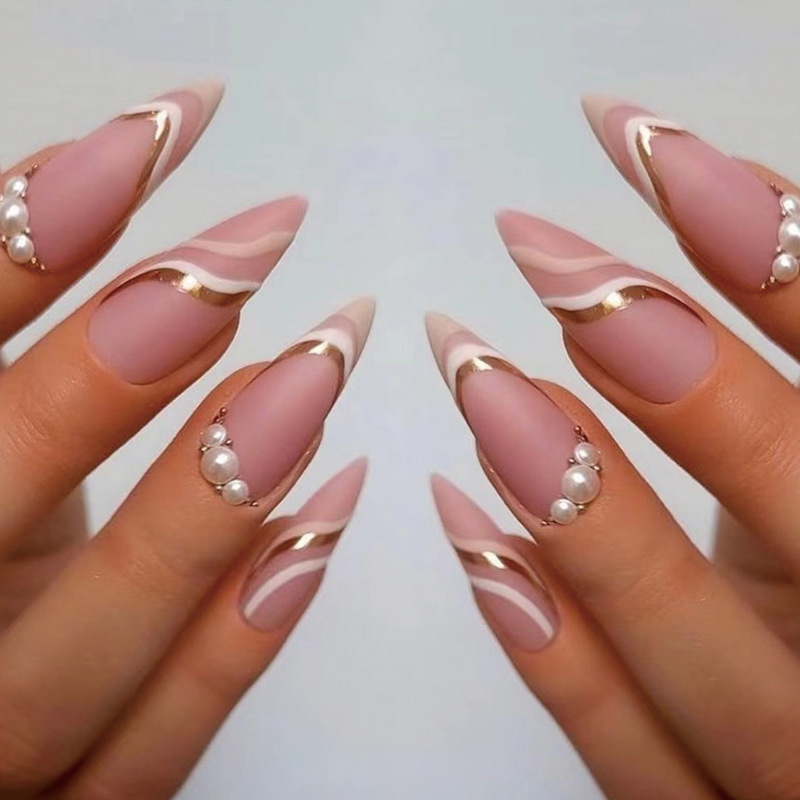 JP1799 24 Pcs Matte Press on Nails, Medium Stiletto French Pink White Line Pearl Decor Fake Nails, Acrylics Full Cover False Nails for Women and Girls
