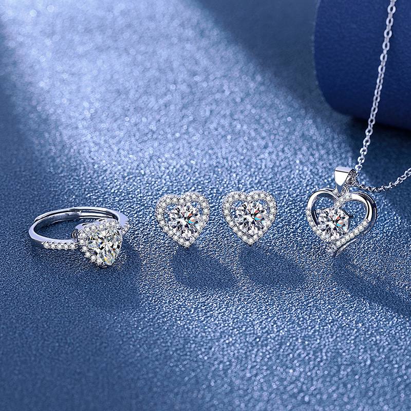 XL-21 LJZ-65 ED-10 New Fashion 3PCS/Set Women Copper Moissanite Heart Shaped Pendant Necklace Adjustable Ring Earring Jewelry Set