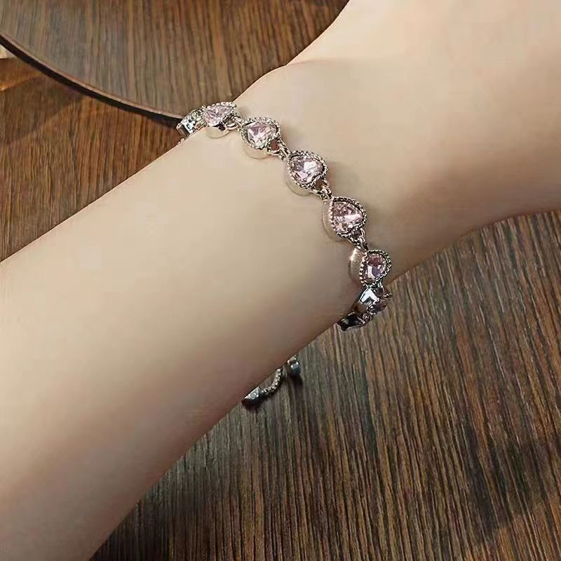 S0387 Women's New Peach Heart Pink Diamond Love Bracelet Pull-Out Adjustable Hand Ornament