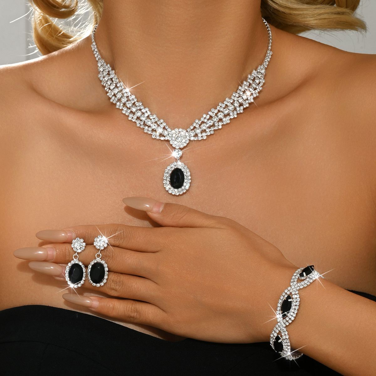 Silver Plated Oval Colored Crystal Full Pave Rhinestone 3Pcs Jewelry Set Choker Necklace Drop Earrings Link Bracelet Luxury Shiny Bridal Wedding Evening Banquet Prom Formal Gown Matching Women Fashion Ornament Gift, Silver Black Blue Green Multi Colors Available
