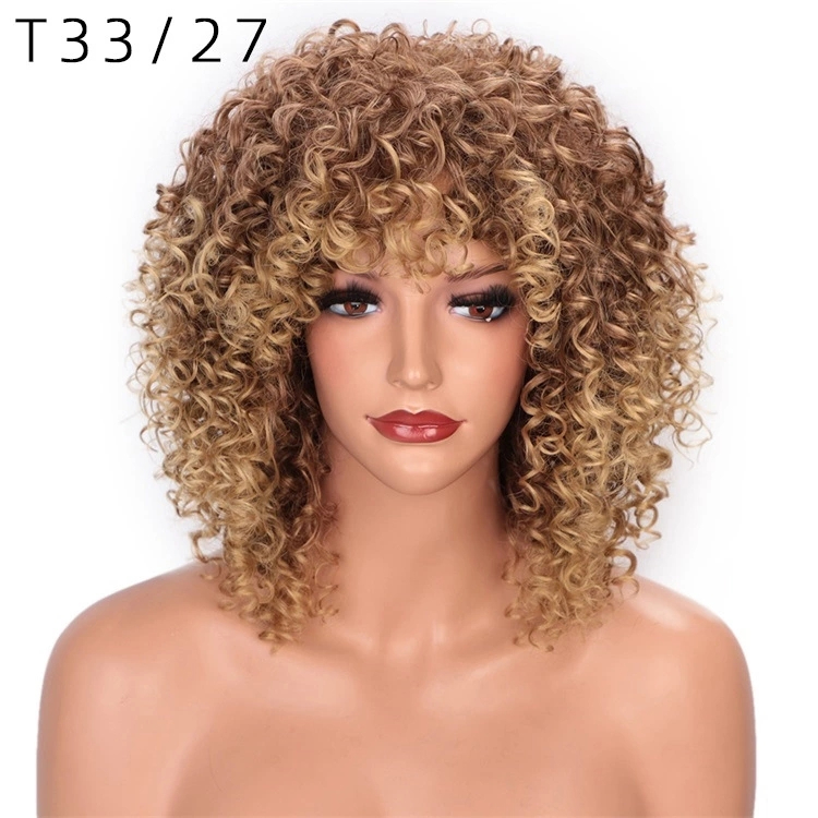 Short Hair Afro Kinky Curly Wigs With Bangs African Synthetic Ombre Glueless Cosplay Wigs For Black Women High Temperature