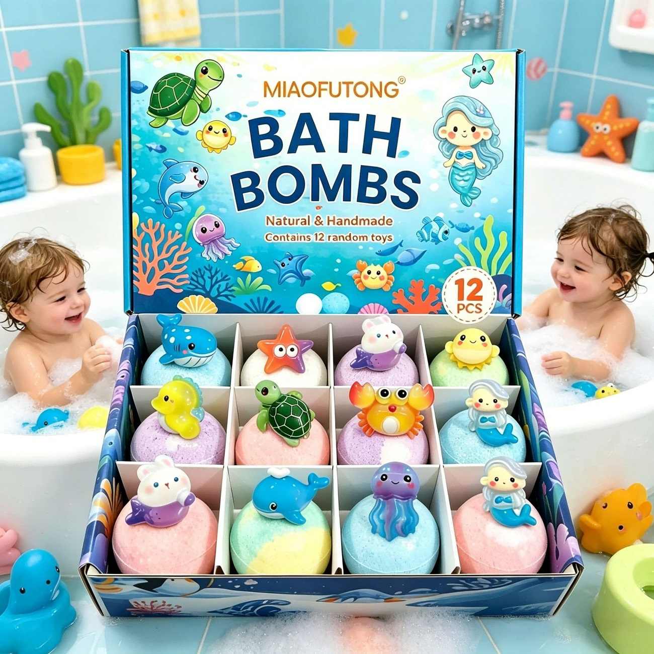 12Pcs Kids Bath Bombs with Sea Animals Toys, 60g Natural Bubble Bath Fizzies, Handmade Bath Salt Balls, Colorful & Fragrant Bath Bombs Gift Set, Safe Skin-Friendly Cleaning Supplies for Kids, Perfect Birthday Spa Bath Gifts for Boys & Girls
