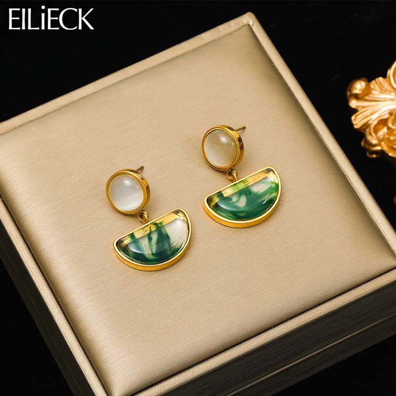 1392 Stainless Steel Vintage Semi-Circular Clear Stone Earrings For Women Fashion Ear Jewelry Gift Party