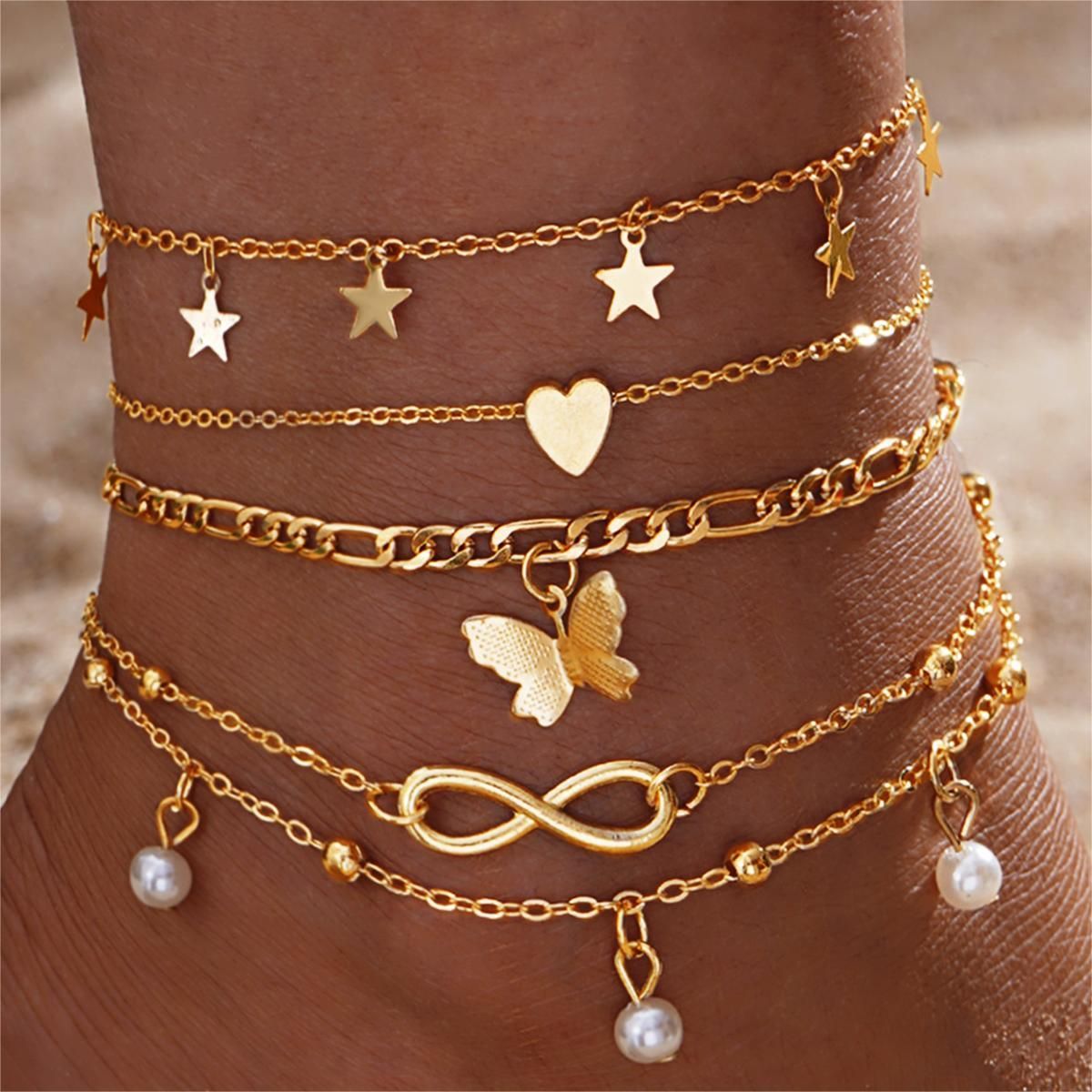 YY-12300 Women's Fashion Niche Butterfly Pearl Anklet Jewelry Love Pendant Anklet Jewelry Set