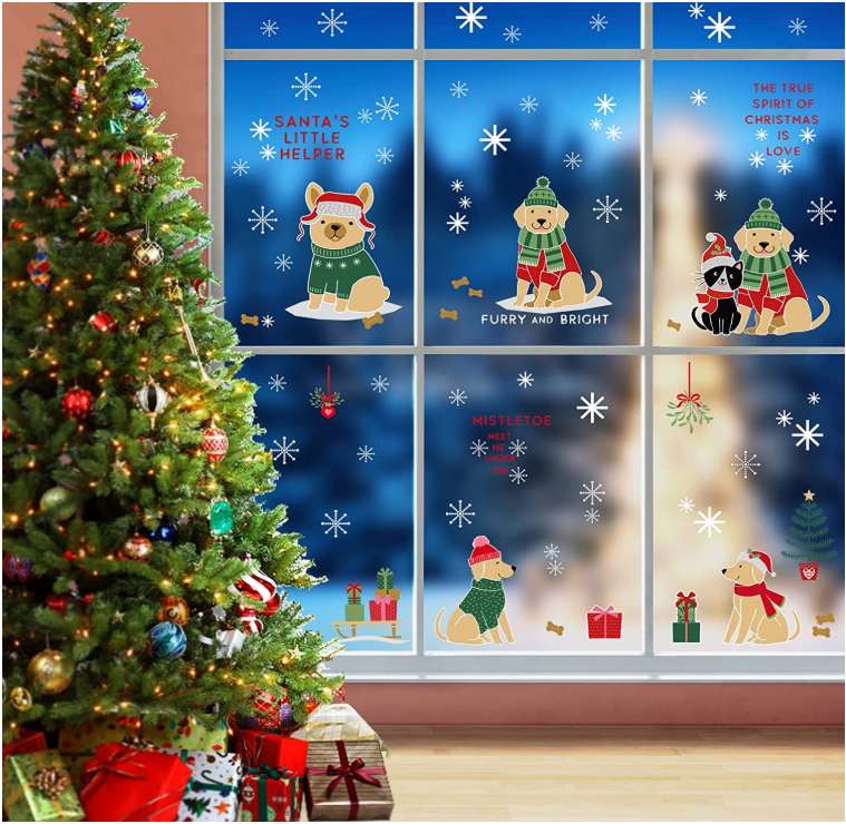 Christmas Window Clings Cute Dog Christmas Window Stickers Double Side Printed Dog Christmas Clings for Glass Windows Snowflakes Window Stickers for Home School Office Decorations 4 Sheets