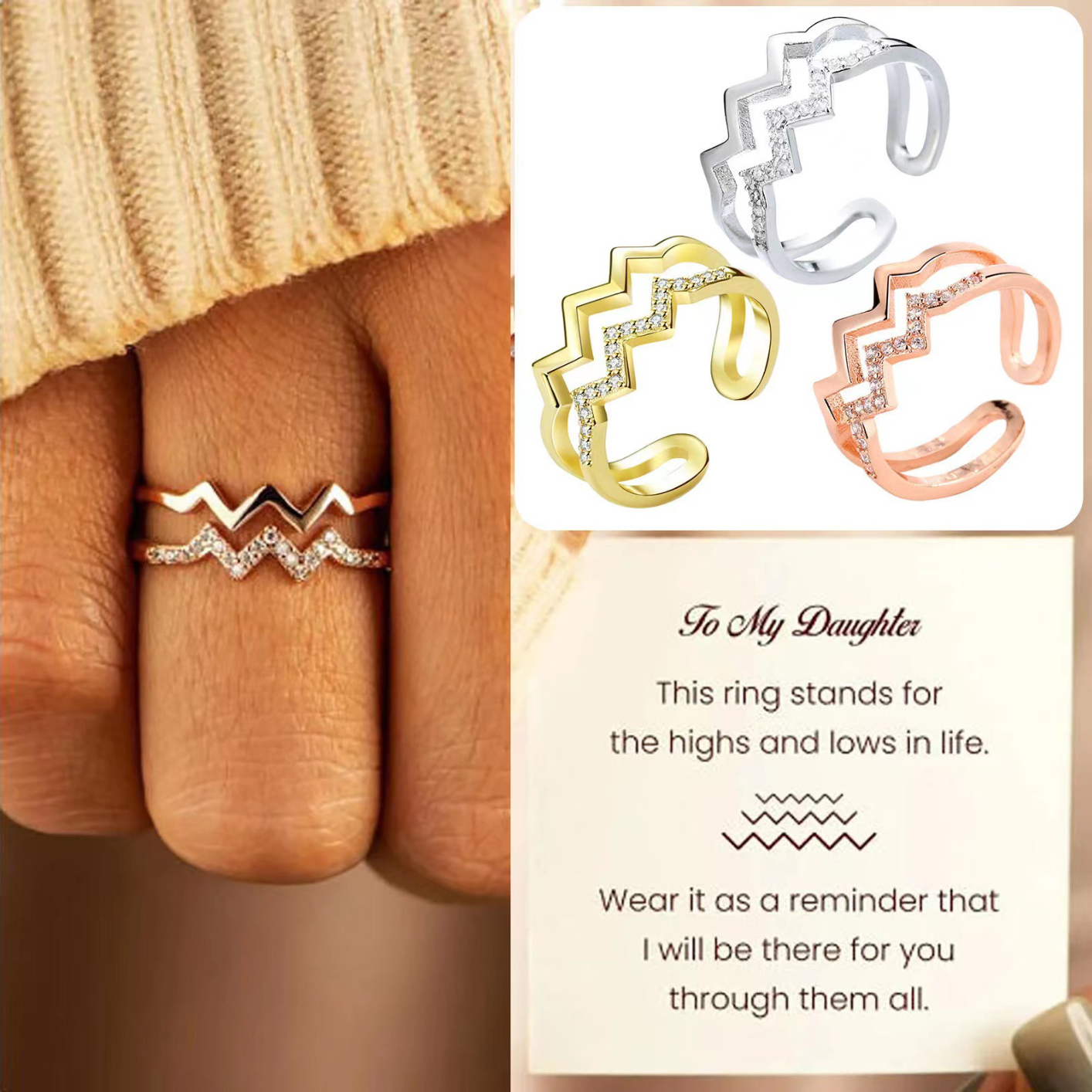 KL-00652 To My Daughter Highs And Low Wave Opening Ring With Card for Women Girls Wavy Zigzag Ring Double Wave Ring Zircon Inlaid Ring