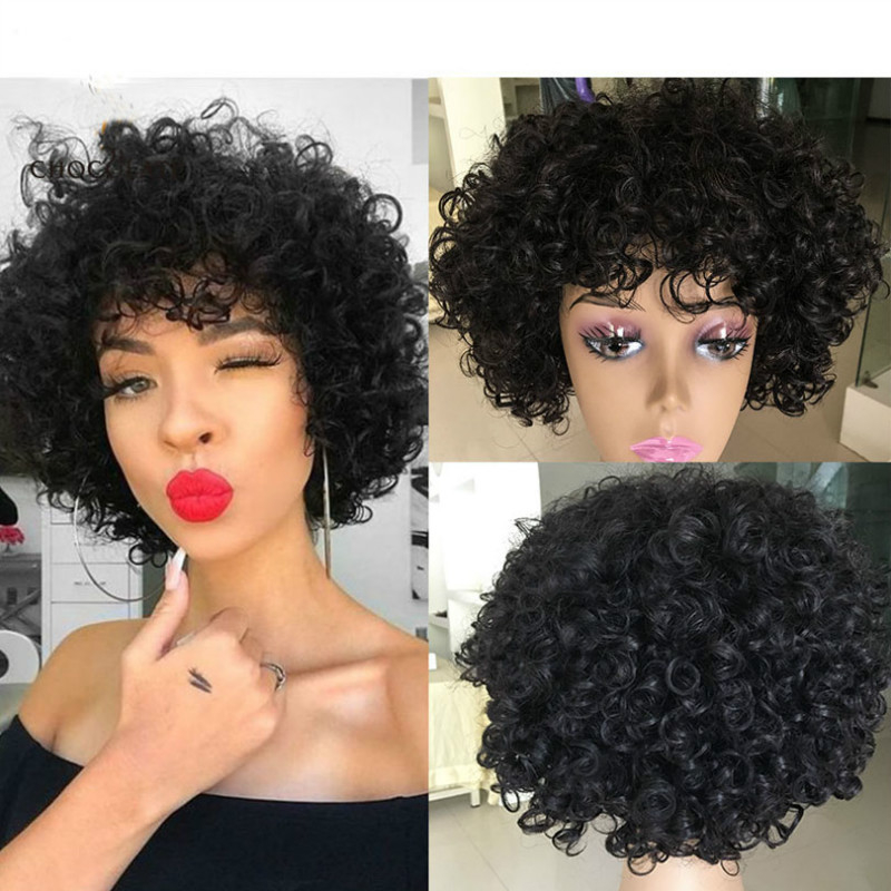 K50 Short Afro Kinky Curly Wig with Bangs for Black Women Black Brown No Glue Full and Fluffy like a Bomb Short Curly Hair Wigs