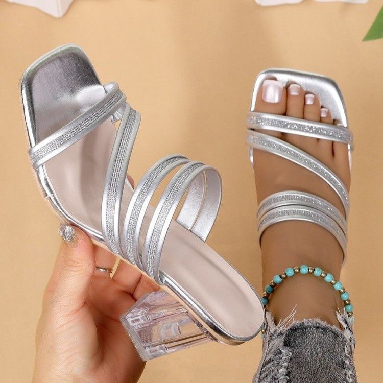 Large-sized water diamond open-toe high-heeled slippers, women's cross-border crystal thick-heeled one-line fashion flip-flops