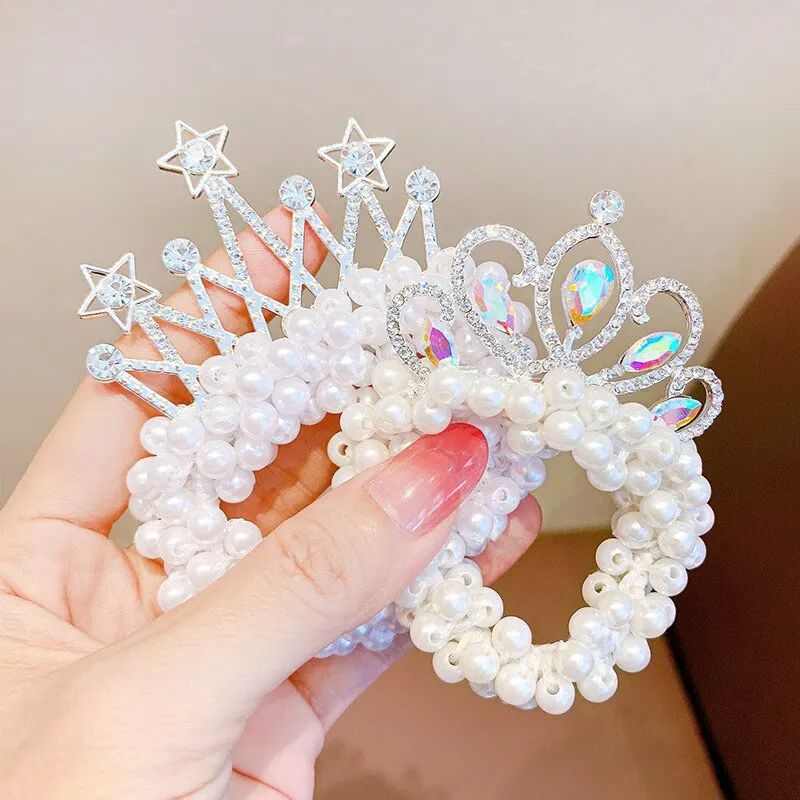 2pcs Fashion Pearl Crown Princess Hair Bands Elastic Rubber Bands Children Ball Hair Bun Ties Hair Styling Accessories
