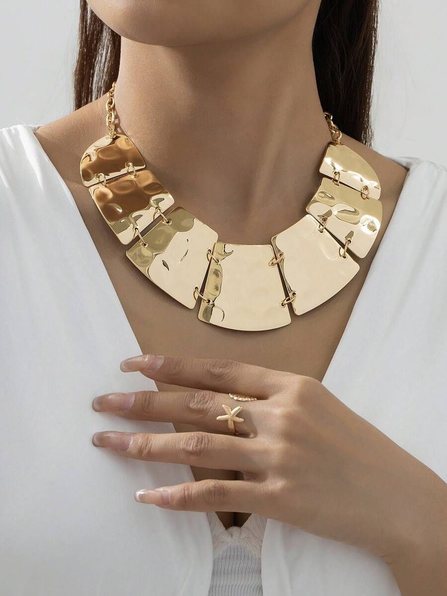 Bold Hammered Metal Bib Necklace, Vintage Gold/Silver Tone Statement Collar, Adjustable 41+7cm Geometric Link Choker for Women
