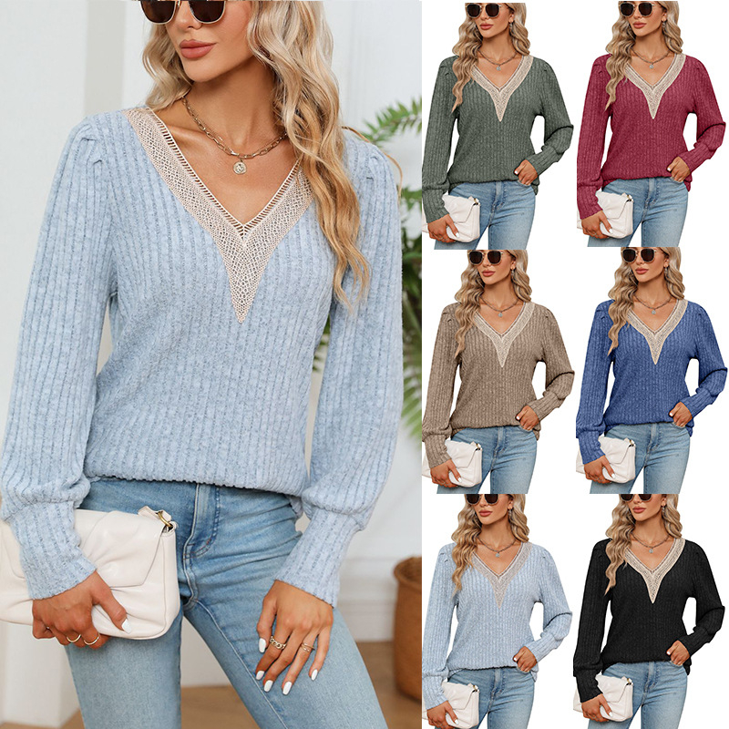 6605 Women's Fashion Casual Loose V-neck Lace Pit Strip Frayed Long Sleeve T-shirt