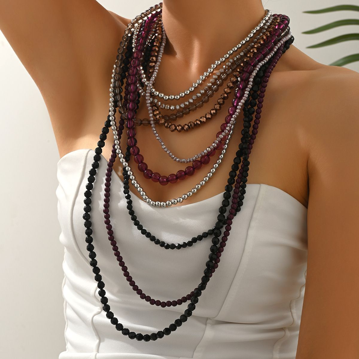 Bohemian 7-Tier Gradient Beaded Necklace, Adjustable Multi-Color Stacked Choker with Earthy Tone Strands, Layered Statement Jewelry for Women
