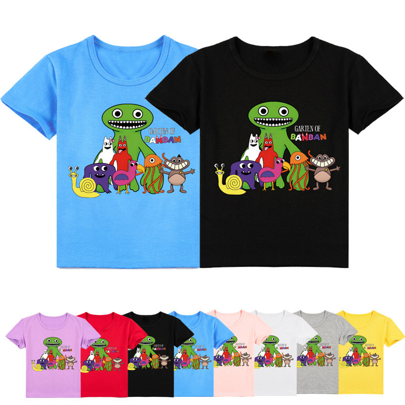 K482 Hot Game Garten of Banban Print Cartoon Kids T-shirt Girls Clothes Baby Boys Black Short Sleeve T shirt Children Tops