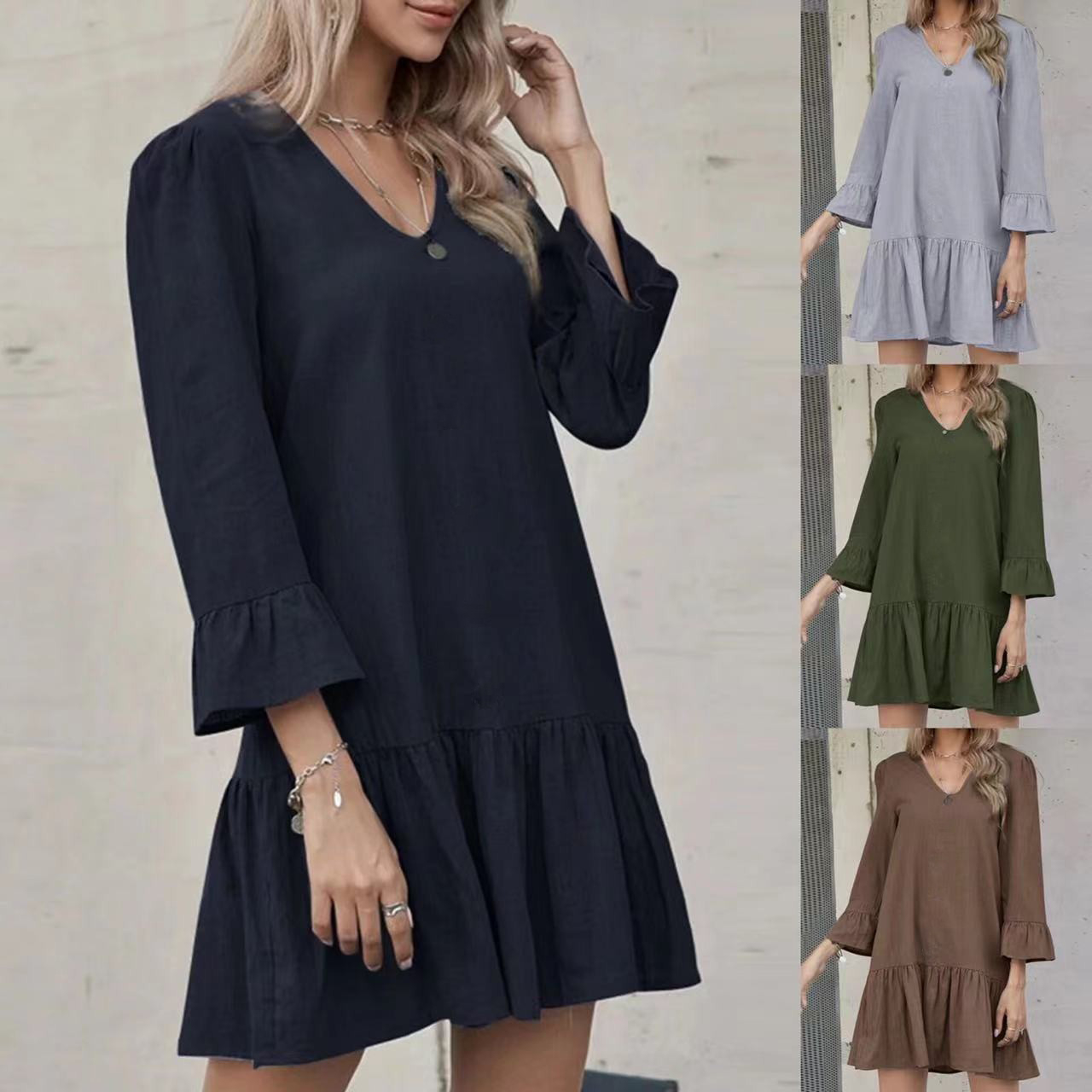 CC104A Women Solid Color Pleated Trumpet Sleeve Cotton Linen Dress