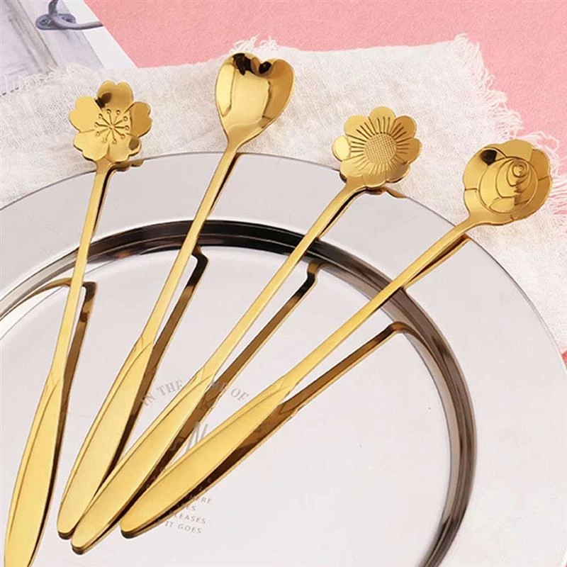 4pcs Flowers Design Gold Spoon Long Handle Dessert Tea Coffee Mixing Spoon Stainless Steel Vintage Teaspoons Drink Tableware