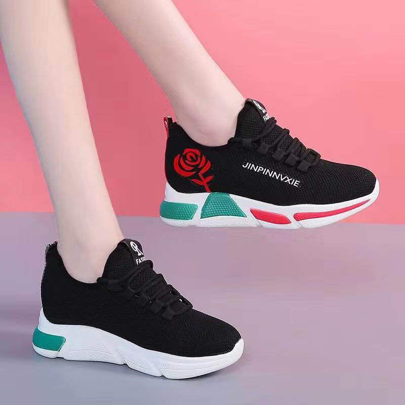 Women Knit Sneakers Breathable Athletic Running Walking Gym Shoes with Rose Embroider