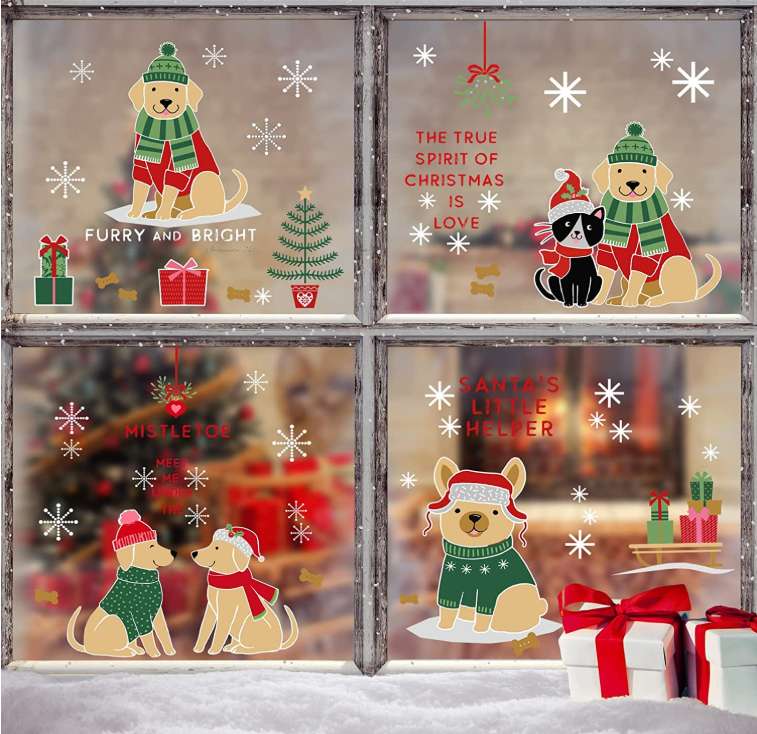 Christmas Window Clings Cute Dog Christmas Window Stickers Double Side Printed Dog Christmas Clings for Glass Windows Snowflakes Window Stickers for Home School Office Decorations 4 Sheets