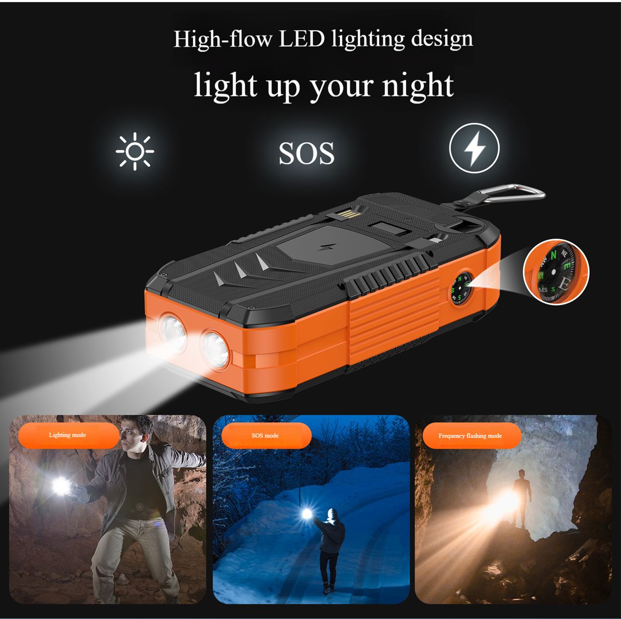 40000 mAh solar powered hand crank charger with built-in cable wireless charging PD 22.5W fast charging mobile power bank
