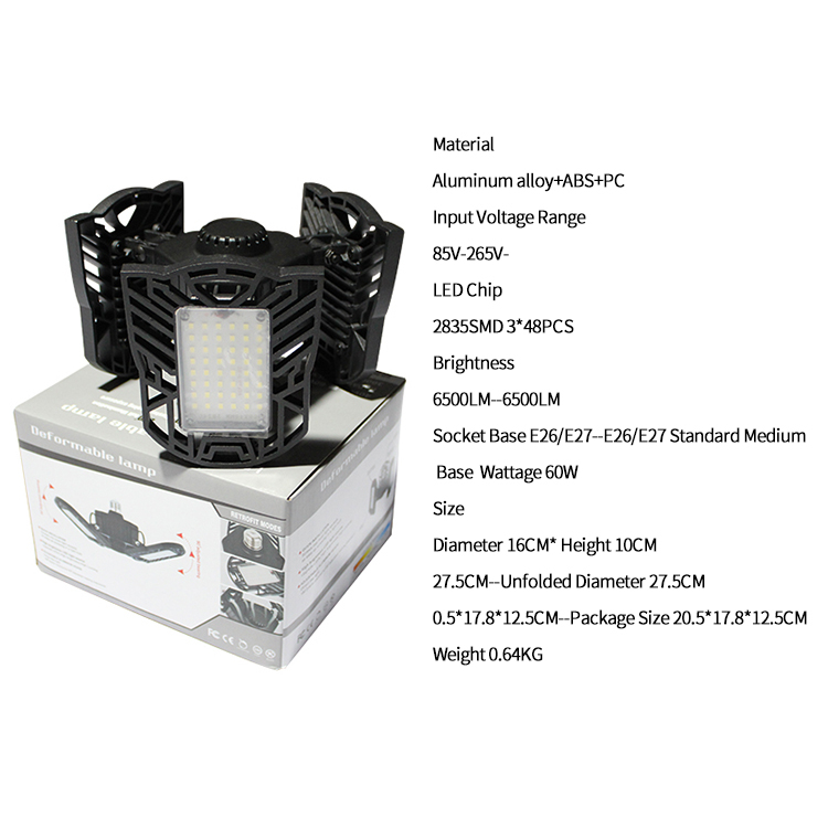 60W E27 6000LM Deformable LED Garage Ceiling Lights with 3 Adjustable Panels for Garage,Warehouse,Corridor (NO Motion Activated Sensor) White 6000-6500K

