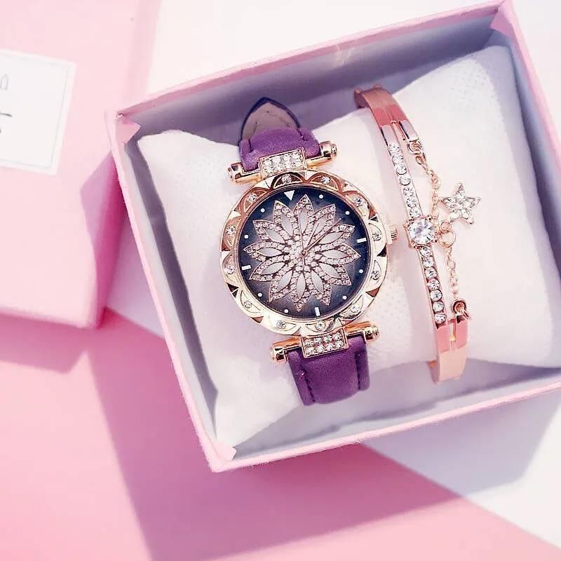 Luxury Diamond Women's Watch Crystal Watch Bracelet Set Women's Jewelry Casual Starry Sky Rose Gold Watch