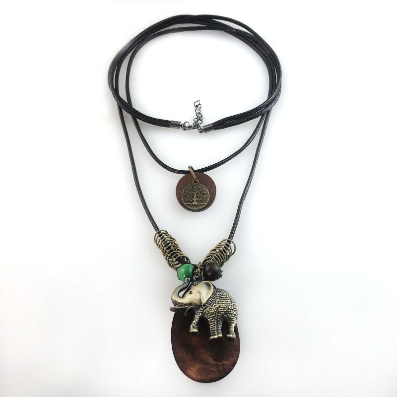 Necklace Cotton and linen wooden pendant long necklace, three-dimensional elephant pendant necklace free shipping
