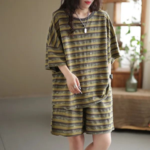 Women's Summer New Striped Short Sleeve Set Loose Casual Two Piece Set