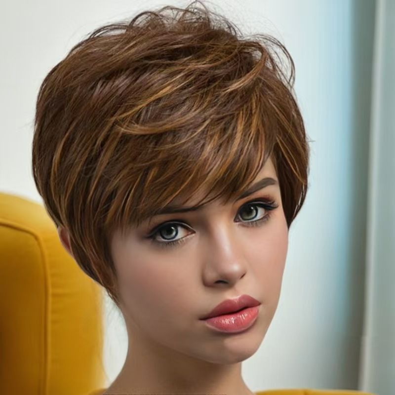 Wig European and American wigs for women short straight brown mixed silk short hair fashion chemical fiber headpiece