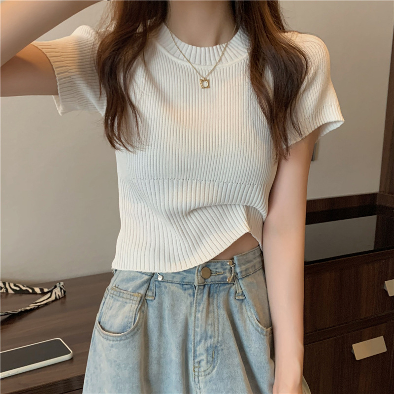 A17 Women Knitted Tops Short Sleeve Style Slim Sexy Vintage Women Sweaters T-Shirt