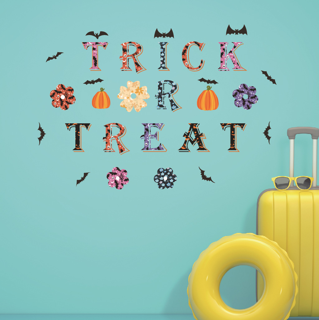 1 Set Halloween Window Door Wall Stickers Trick or Treat Letter Window Decals Bat Flower Pumpkin PVC Removable Decal for Halloween Decoration Mixed Color