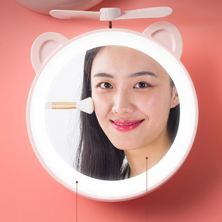 Pink Cartoon Pig Makeup Mirror Portable Rechargeable Led Light Makeup mirror Mini Fill Light Mirror Fan Mirror