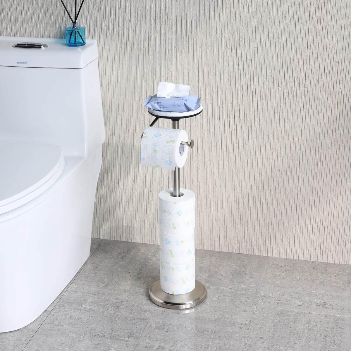 Toilet Paper Holder Stand, Freestanding Tissue Roll Dispenser with Reserve Storage, Bathroom Organizer for 5 Mega Rolls, Oil Rubbed Bronze Finish, Space-Saving Design for Modern Home Décor
