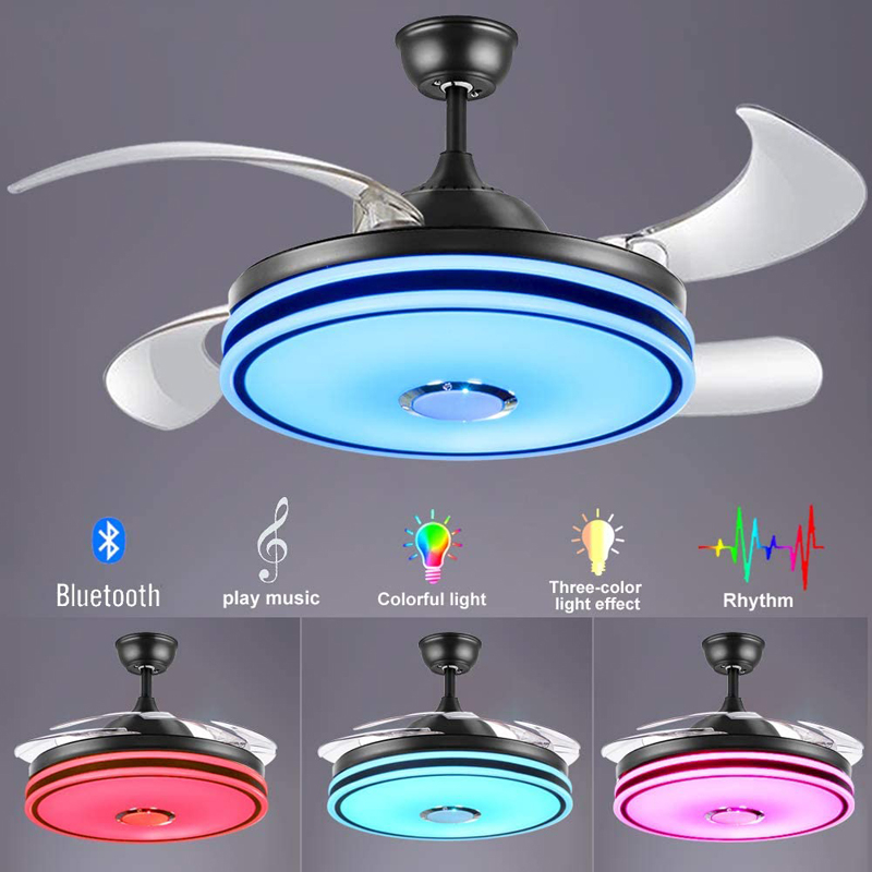 Peach Retractable ceiling fan light and Bluetooth speaker color Changing 36W 49.2In Black ceiling fan with remote control. 