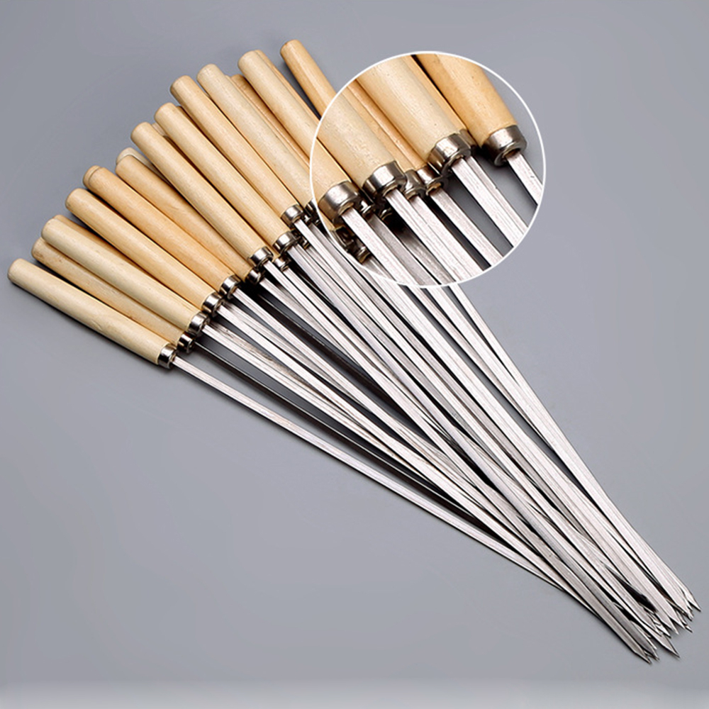 40Pcs Stainless Steel Barbecue Wooden Handle Sticks BBQ Grill Skewers Roasting Needle Sticks Outdoor Camping BBQ Picnic Tools