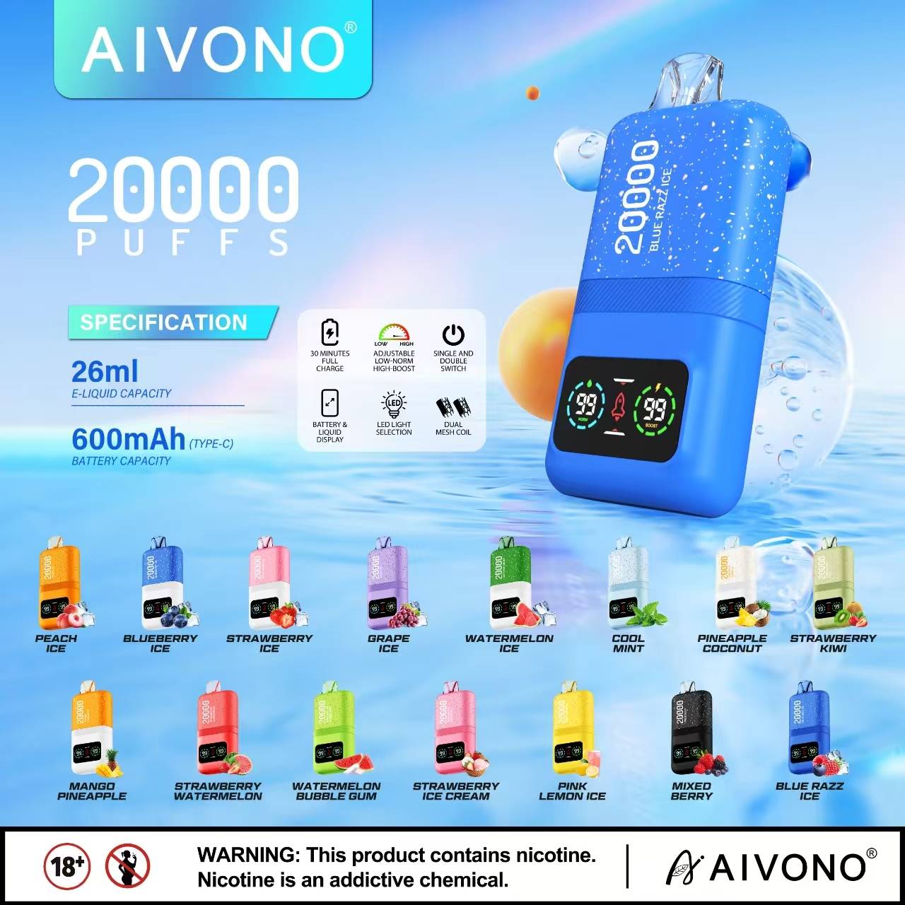 1 pcs 20K Vape-20000 puffs Vape Disposable e-cigarette Puffs 5% or 2% 20000 puffs Cool Mint OEM 600~25K PUFFS