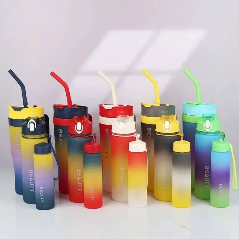 3 In 1 Water Bottle Set 40z Plastic Bottles Set Plastic Gradient Sport Gym Drink Bottle With Straw And Handle 