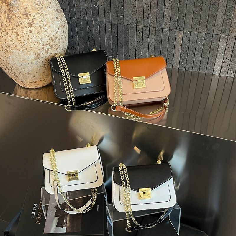 Women's Vintage PU Crossbody Bag with Gold Lock & Chain Strap, Two-Tone Shoulder Purse, Versatile Daily Bag in 4 Colors
