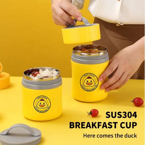 New Cute Duck Design Yellow Color 480ml 580ml Stainless Steel 304 Portable Food Container Breakfast Cup Tumbler